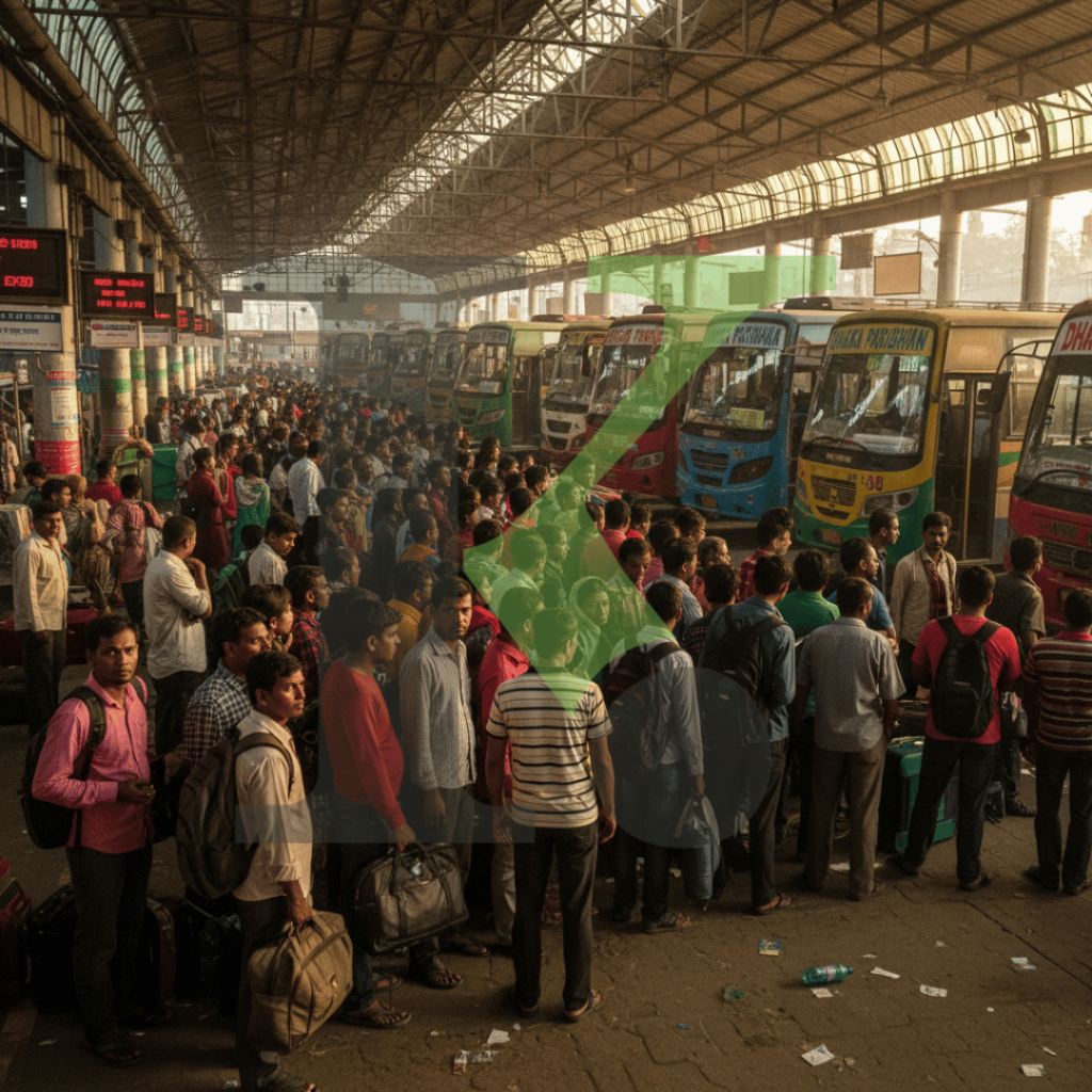 A crowded bus terminal in Bangladesh with anxious passengers waiting near stationary buses, reflecting the travel disruptions caused by the national fuel crisis.