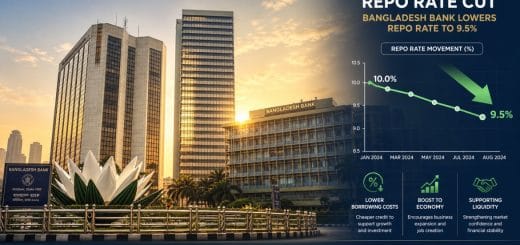 Bangladesh Bank headquarters with DSEX chart showing policy rate cut impact