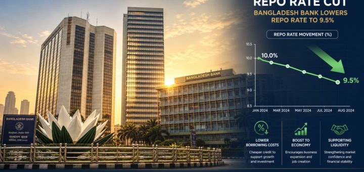 Bangladesh Bank headquarters with DSEX chart showing policy rate cut impact
