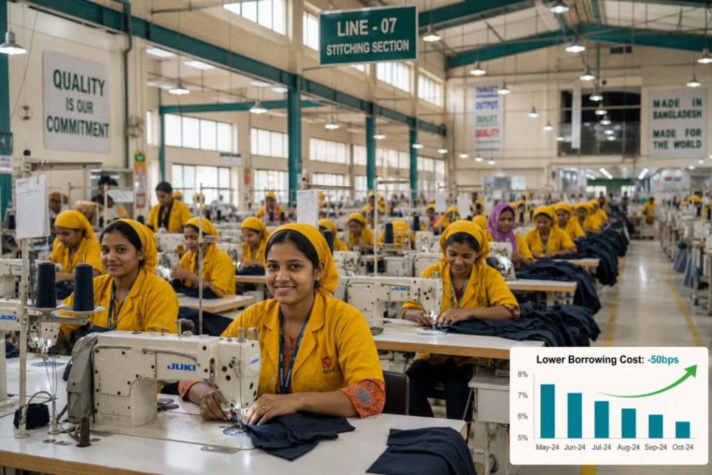 Bangladeshi garment factory interior showing workers at machines with a financial overlay of rate cut savings